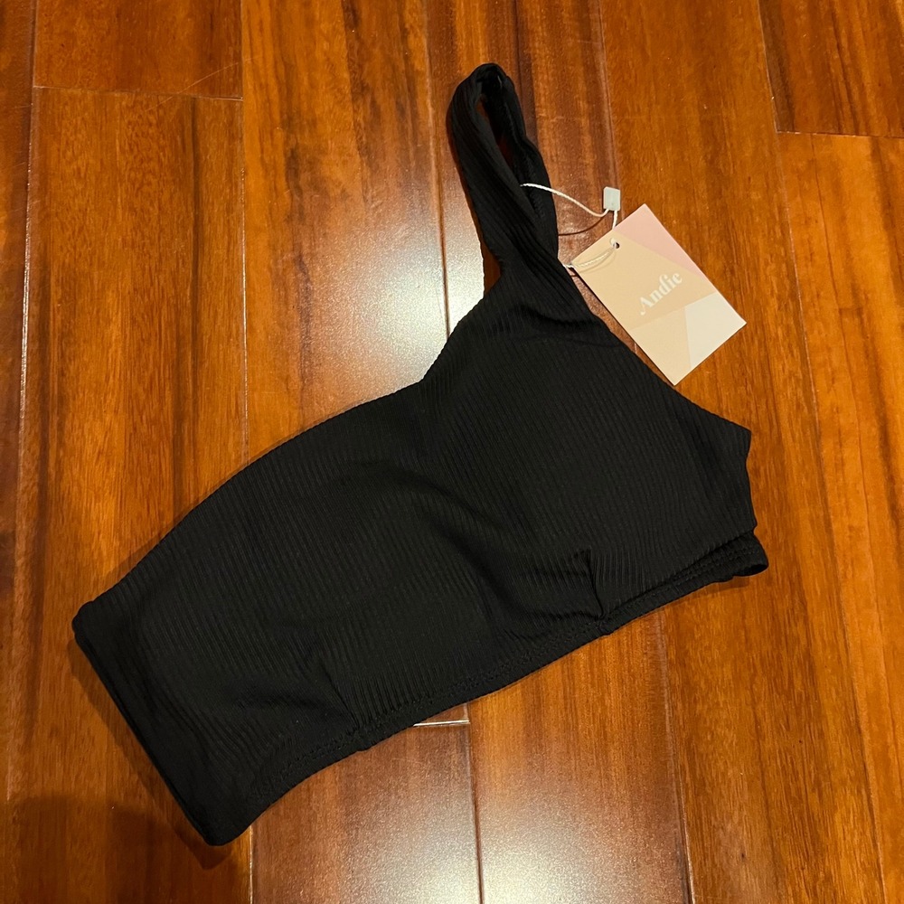 Andie Bikini Top Black One Shoulder Wynwood Ribbed Swim New Size XS Extra‎ Small
